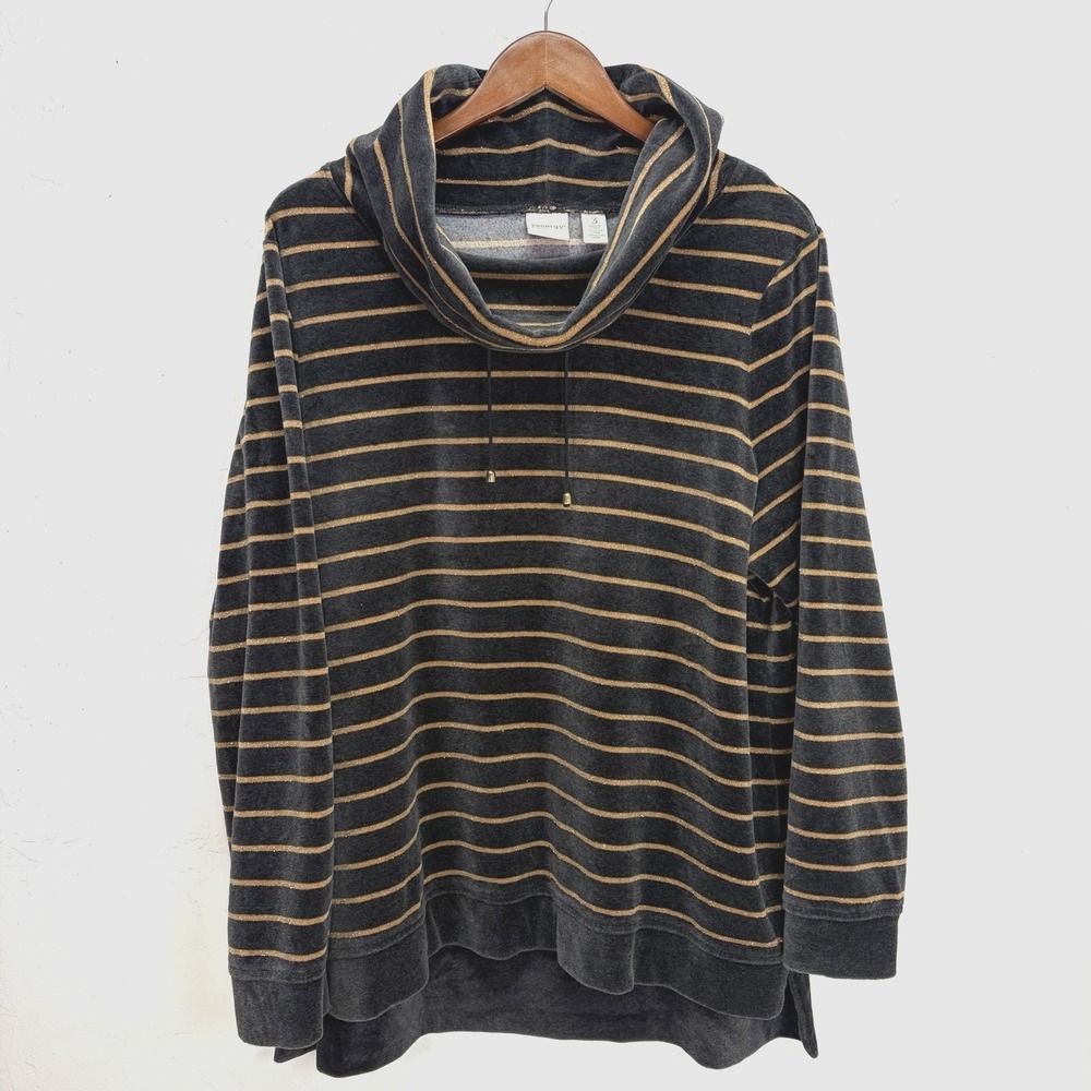 Chicos Zenergy Velour Cowl Neck Top Size 3 XL Dark Grey Gold Lurex Stripe Cozy